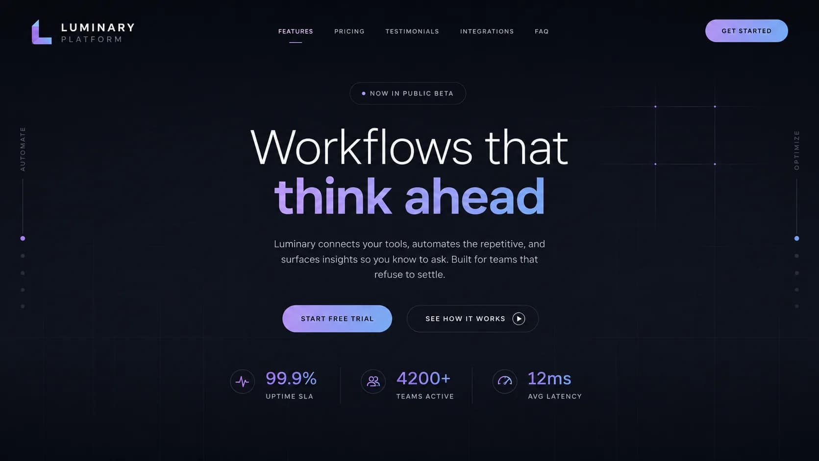 Minimalist dark-themed SaaS landing page for a workflow automation platform