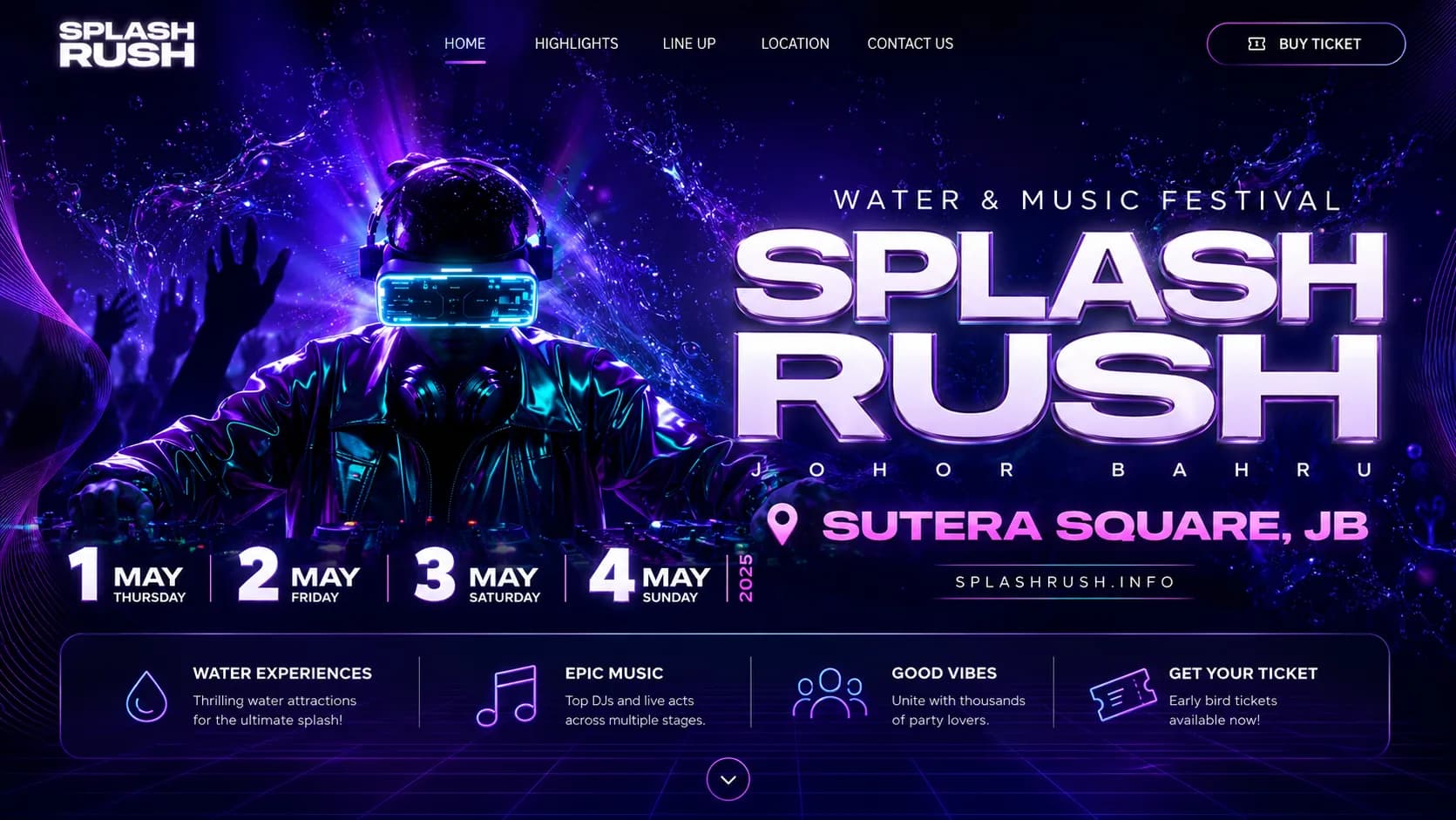 Cyberpunk-styled landing page for the Splash Rush Water and Music Festival